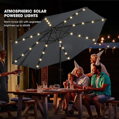 wikiwiki 9ft Solar Led Patio Umbrella, Sturdy Outdoor Market Umbrella for Deck, Pool, Garden w/Tilt, Crank, 32 LED Lights, Dark Gray