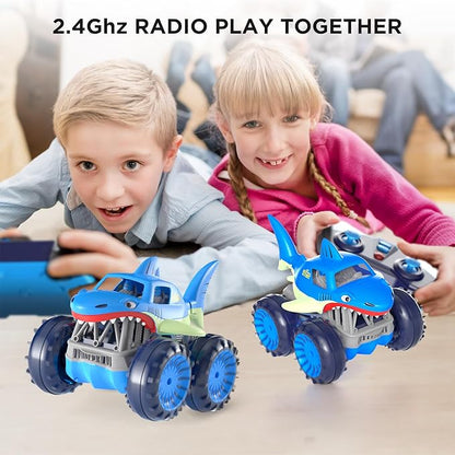 MaxTronic Fast Direct Charging Remote Control Car, Rechargeable Amphibious RC Cars with 2.4Ghz 4WD All Terrain Waterproof RC Shark Monster Truck Toys for Boys Girls 3-12 Years