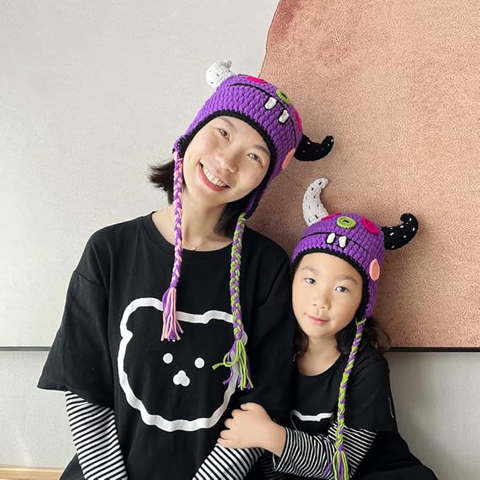 Girls Knitted Hat Women Kids Funny Monster Handmade Knitted Winter Beanie Hat with Ear Flap…