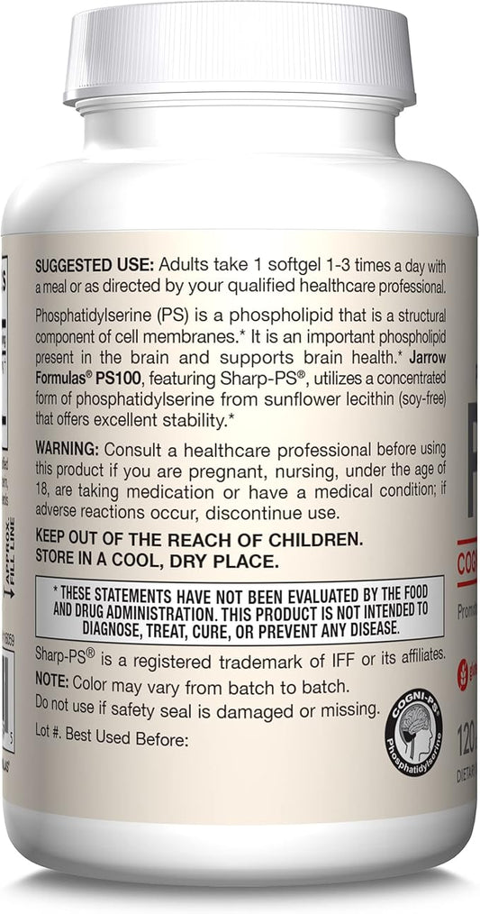 Jarrow Formulas PS100 Phosphatidylserine 100 mg, Dietary Supplement for Brain Health and Cognition Support, 120 Softgels, 40-120 Day Supply, Pack of 12