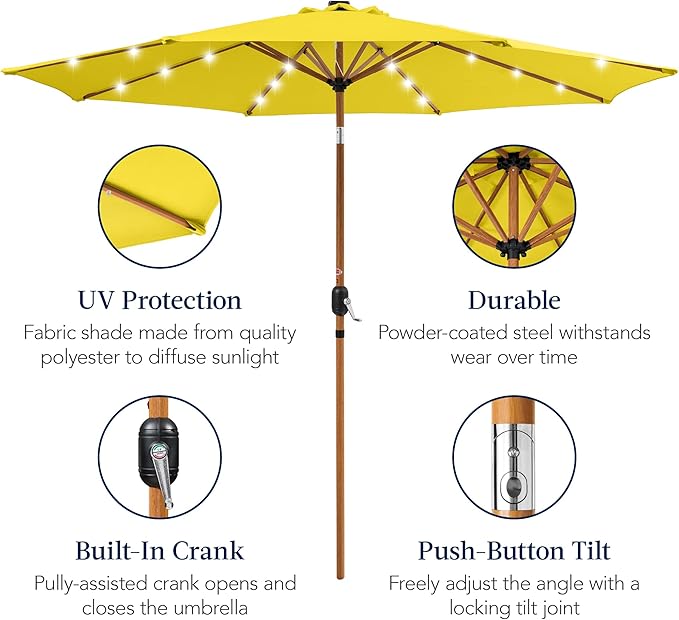 Best Choice Products 10ft Solar Market Patio Umbrella w/Woodgrain Pattern Pole, LED Lights, Tilt & Crank – Outdoor Sun Shade for Backyard Table, Deck, Poolside – Yellow