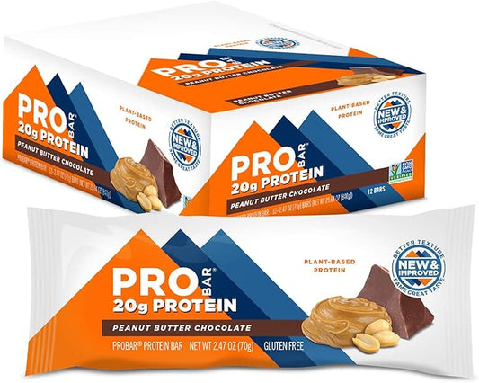 PROBAR - PROTEIN Bar, Peanut Butter Chocolate, Non-GMO, Gluten-Free, Healthy, Plant-Based, Whole-Food Ingredients, Natural Energy (12 Count)
