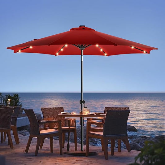 wikiwiki 9ft Solar Led Patio Umbrella, Sturdy Outdoor Market Umbrella for Deck, Pool, Garden w/Tilt, Crank, 32 LED Lights, Burgundy Red