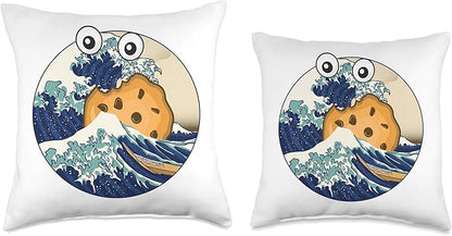 Funy Kanagawa Great Wave Monster eating cookie parody Throw Pillow
