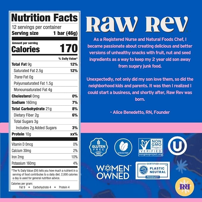 Raw Rev Vegan Protein Bars- Double Chocolate Brownie Batter, 12 bars, Non-GMO, Plastic-Neutral, Nothing Artificial, Glo Formula, Gluten-Free, Keto-Friendly, Paleo, Kosher, No Sugar Alcohols, No Stevia.