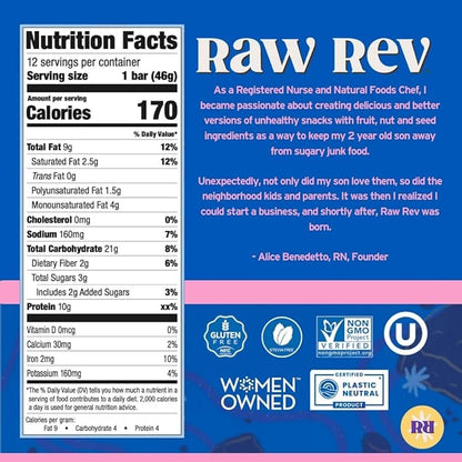 Raw Rev Vegan Protein Bars- Double Chocolate Brownie Batter, 12 bars, Non-GMO, Plastic-Neutral, Nothing Artificial, Glo Formula, Gluten-Free, Keto-Friendly, Paleo, Kosher, No Sugar Alcohols, No Stevia.