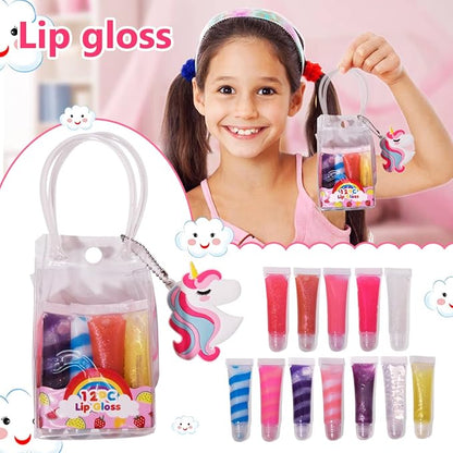 12Pcs Sparkle kids Lip Gloss Set with Unicorn Keychain Carrying Case, Assorted Flavors Moisturizing Shimmer Glossy Lip Party Favor Make-up for Girls and Teens Ages 5+