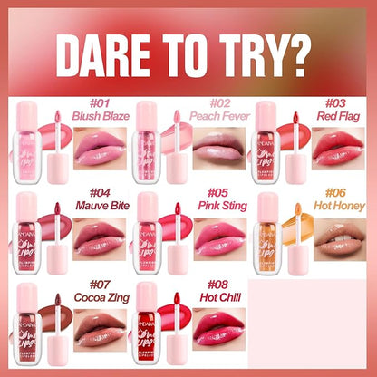 Lip Plumper Gloss, Plumping Lip Gloss with Chili Pepper, Blush Blaze/Peach Fever/Red Flag/Mauve Bite/Pink Sting/Hot Honey/Cocoa Zing/Hot Chili, 8 Count