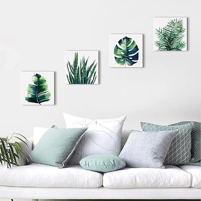Nature Wall Art Green Plant Wall Decor Tropical Botanical Leaves Pictures Canvas Prints Bedroom Minimalist Boho Sage Monstera Leaf Painting Artwork for Bathroom Living Room Home Decorations 8x8” 4 Pcs