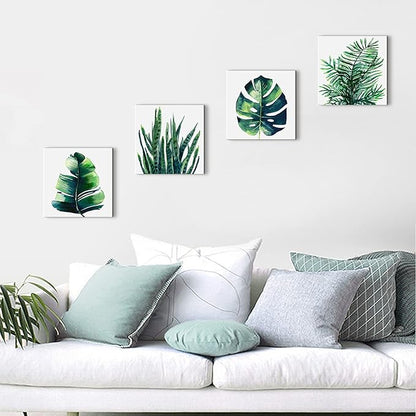 Nature Wall Art Green Plant Wall Decor Tropical Botanical Leaves Pictures Canvas Prints Bedroom Minimalist Boho Sage Monstera Leaf Painting Artwork for Bathroom Living Room Home Decorations 8x8” 4 Pcs