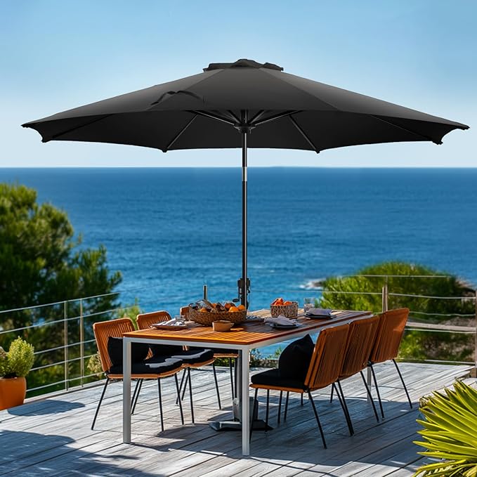 wikiwiki 9 FT Patio Umbrellas Outdoor Table Market Umbrella with Push Button Tilt/Crank,8 Sturdy Ribs, Fade Resistant Waterproof POLYESTER DTY Canopy for Garden, Lawn, Deck, Backyard & Pool, Black
