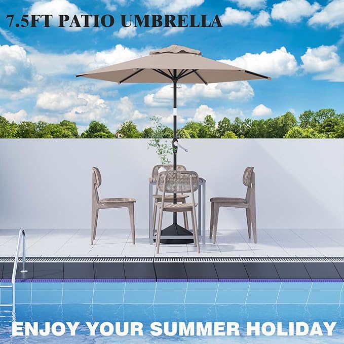 7.5FT Patio Umbrella Table Market Umbrella w/Tilt and Crank Heavy-Duty Round Outdoor Umbrellas for Garden, Deck, Backyard, Pool and Beach, Khaki