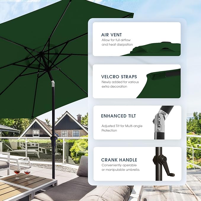 wikiwiki 9 FT Patio Umbrellas Outdoor Table Market Umbrella with Push Button Tilt/Crank, 8 Sturdy Ribs, Fade Resistant Waterproof POLYESTER DTY Canopy for Garden, Lawn, Backyard & Pool, Dark Green