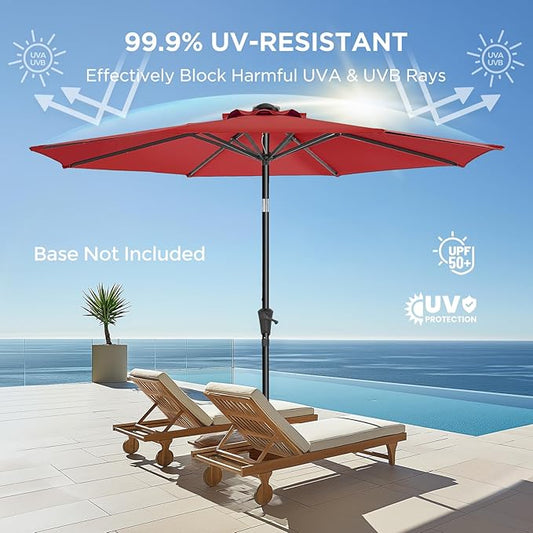 9ft Outdoor Patio Umbrella - Market Table Pool Deck Umbrella UPF50+ UV Protection with Push Button Tilt, Crank and 8 Sturdy Ribs (Red, No base)
