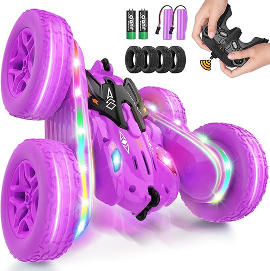 Remote Control Car,RC Cars with sides light strip and Headlights,Double Sided 360 Flips Rotating RC Stunt Car,2.4Ghz All Terrain Toys for Ages 4-6 Kid Toy for Boys Girls Birthday Gift(Purple)