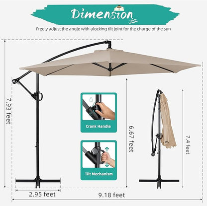 Shintenchi Patio Offset Umbrella with Easy Tilt Adjustment, Crank and Cross Base, Outdoor Cantilever Hanging Umbrella, Sunshade Canopy, Khaki