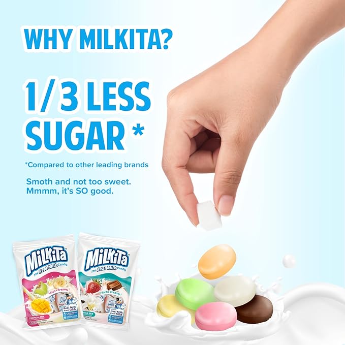 Milkita Creamy Shake Candy Pack of 4, Gluten Free Chewy Candies with Calcium & Real Milk, Zero Trans Fat, Low-Sugar, Assorted Neapolitan Flavors (Vanilla, Strawberry, Chocolate) & Tropical Flavors (Banana, Honeydew, Mango), 120 Pcs
