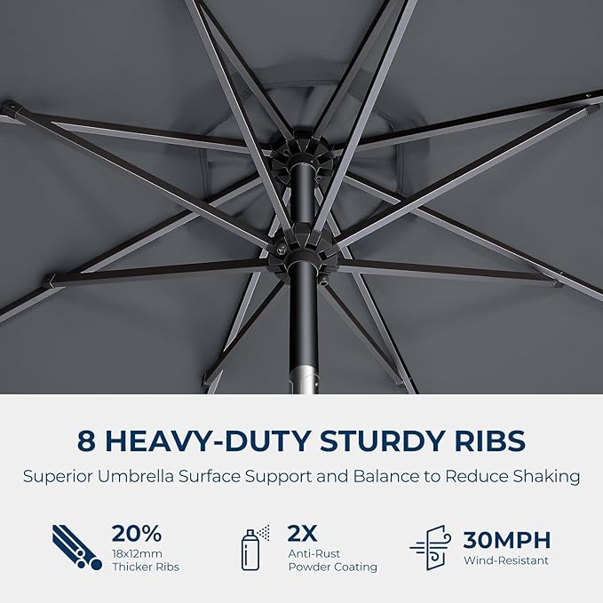 9ft Outdoor Patio Umbrella - UPF50+ UV Protection Market Patio Table Umbrella with Push Button Tilt, Crank and 8 Sturdy Ribs for Pool Deck and Garden (Grey, No base)