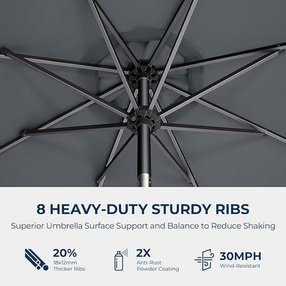 9ft Outdoor Patio Umbrella - UPF50+ UV Protection Market Patio Table Umbrella with Push Button Tilt, Crank and 8 Sturdy Ribs for Pool Deck and Garden (Grey, No base)