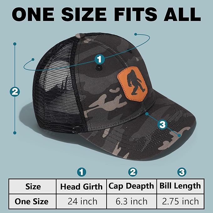 Mesh Bigfoot Hat Leather Cap for Men- Great Snapback Closure Sasquatch Hat for Hunting & Hiking