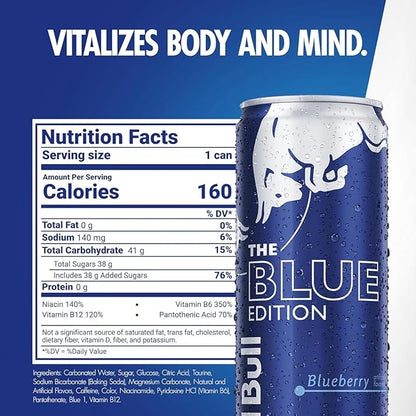 Red Bull Blue Edition Energy Drink, Blueberry, with 114mg Caffeine plus Taurine & B Vitamins, 12 Fl Oz, 6 Packs of 4 Cans (Pack of 24)