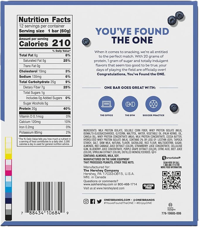 ONE Protein Bars, Blueberry Cobbler, Gluten Free with 20g Protein and 1g Sugar, Pantry Staples, 2.12 oz (12 Count)