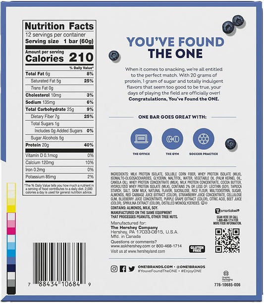 ONE Protein Bars, Blueberry Cobbler, Gluten Free with 20g Protein and 1g Sugar, Pantry Staples, 2.12 oz (12 Count)