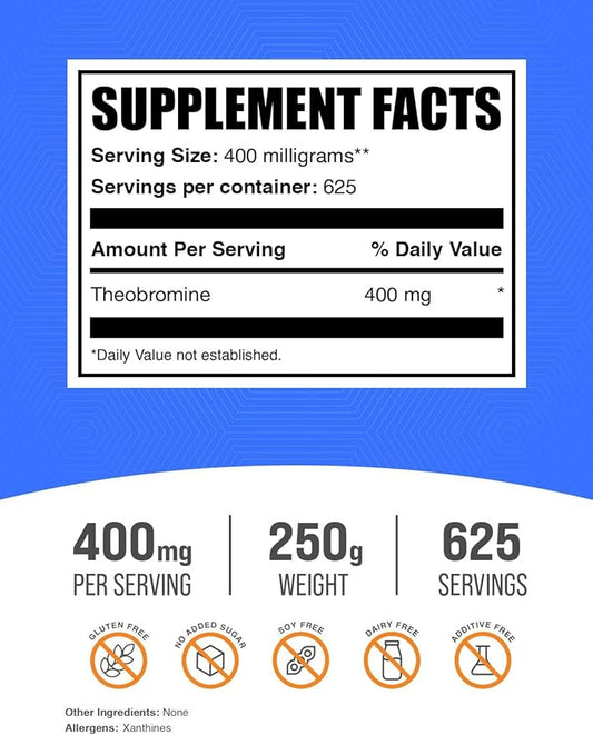 BulkSupplements.com Theobromine Powder - Theobromine Supplement, Nootropic Supplement - Energy Support, Gluten Free, 400mg per Serving, 625 Servings, 250g (8.8 oz) (Pack of 1)
