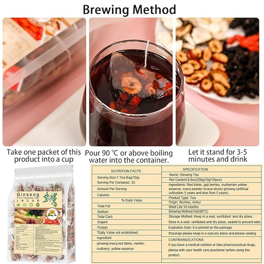 Ginseng Five Treasures Tea Kidney Tea,Te De RiñOn Saludable Organica,Red Date Mulberry Tea Organic Kidney Cleanse Chinese Herbal Red Ginseng Tea For Men Women (1Bag(25pcs))