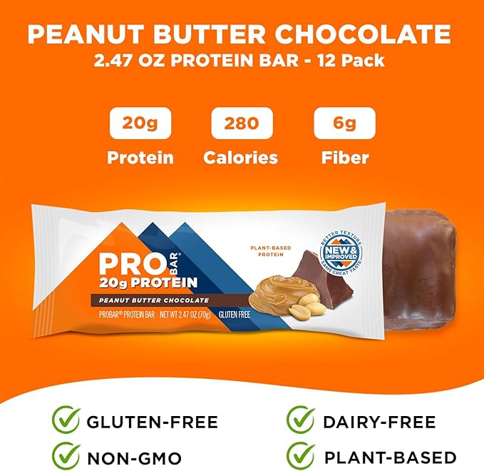 PROBAR - PROTEIN Bar, Peanut Butter Chocolate, Non-GMO, Gluten-Free, Healthy, Plant-Based, Whole-Food Ingredients, Natural Energy (12 Count)