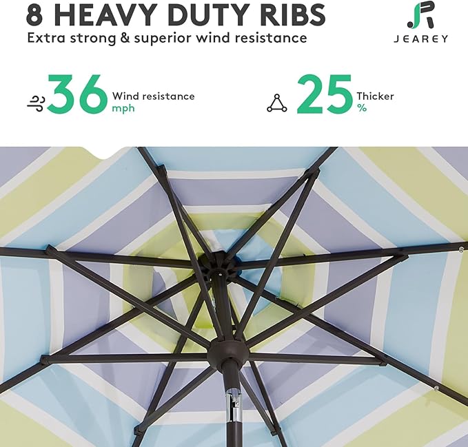 JEAREY 9FT Outdoor Patio Umbrella Outdoor Table Umbrella with Push Button Tilt and Crank, Market Umbrella 8 Sturdy Ribs UV Protection Waterproof for Garden, Deck, Backyard, Pool (Blue-Green Stripe)