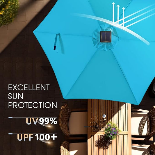 wikiwiki 7.5ft Solar Led Patio Umbrella, Sturdy Outdoor Market Umbrella for Deck, Pool, Garden w/Tilt, Crank, 18 LED Lights, Sky Blue