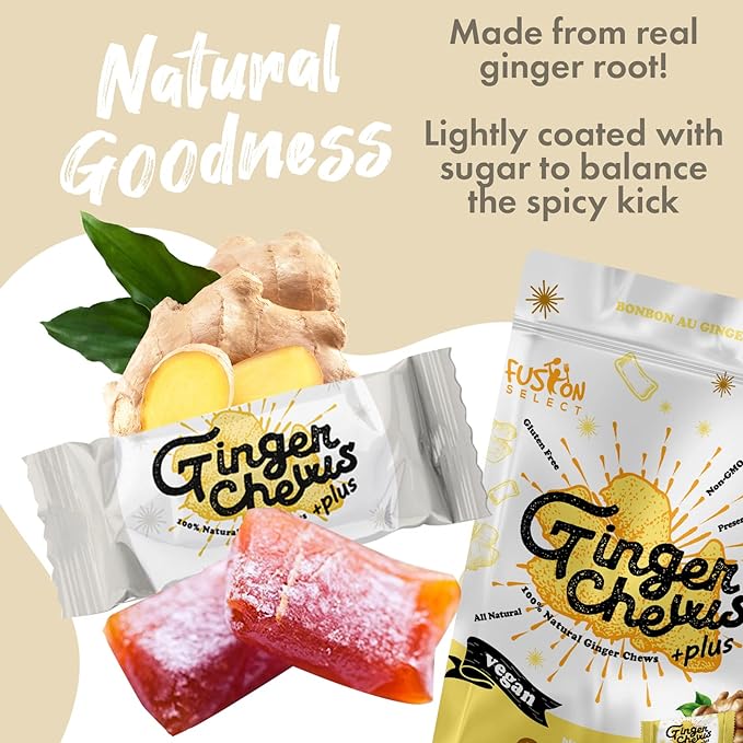 Fusion Select Original Ginger Chews - Sweet Soft Candied Delights From Indonesia - Promotes Relief From Morning Sickness, Upset Stomach - Made from Real Ginger Root, Non-GMO, Vegan Candy