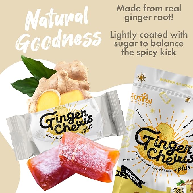Fusion Select 2 Lb Lemon Ginger Chews - Sweet Soft Candied Delights From Indonesia - Promotes Relief From Morning Sickness, Upset Stomach - Made from Real Ginger Root, Non-GMO, Vegan Candy (2 Lb Lemon)