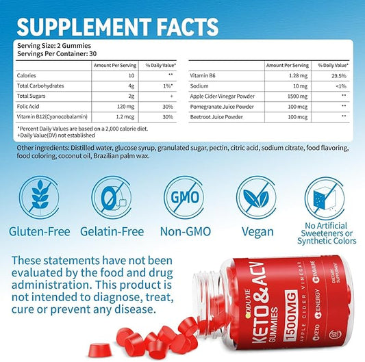 Brilhante Keto ACV Gummies - 1500mg Apple Cider Vinegar Gummies with Pomegranate Beetroot & Vitamin B12 B6 - for Men & Woman - GMO Free & Vegan - 120 Count