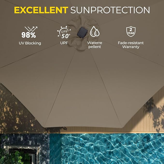 Tempera Solar Patio Umbrella 40 LED Lighted Outdoor Umbrella Table Market Umbrella with Push Button Tilt and Crank, Solar Umbrella with Sturdy Pole&Fade Resistant Canopy, Easy to Set