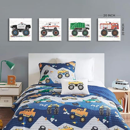 Monster Truck Room Decor Vehicles Pictures Wall Art Cartoon Car Canvas Prints for Boys Room Kids Bedroom Nursery Garbage Firetruck Ambulance Police Car Painting Artwork Home Decorations 20x20” 4 Pcs