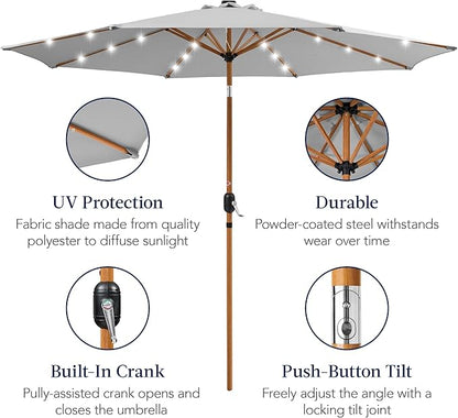 Best Choice Products 10ft Solar Market Patio Umbrella w/Woodgrain Pattern Pole, LED Lights, Tilt & Crank – Outdoor Sun Shade for Backyard Table, Deck, Poolside – Fog Gray
