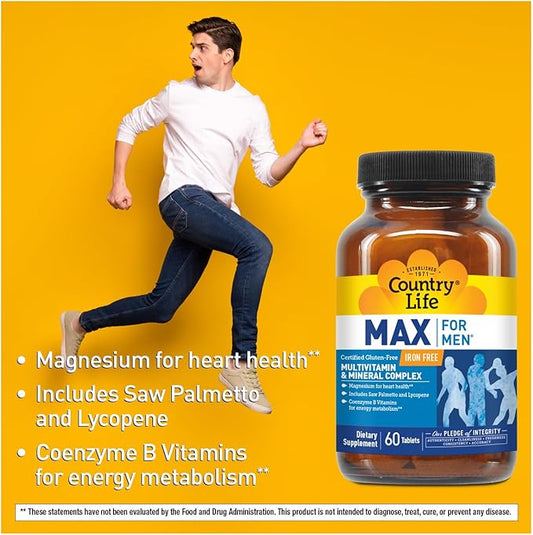 Country Life Max for Men, Multivitamin & Mineral Complex, Iron-Free, Vegetarian Tablets, 60 Count, Certified Gluten Free, Certified Vegetarian