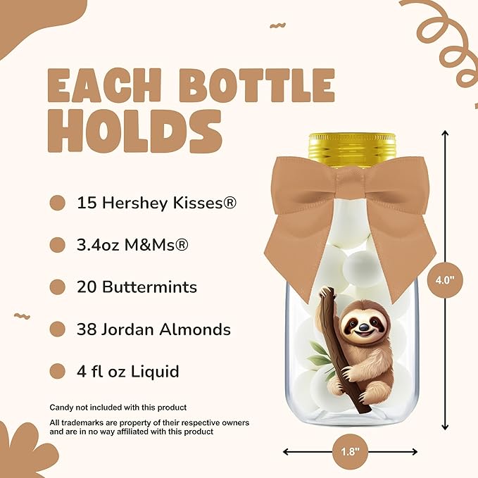 Small 12 Pack Sloth Party Favors - DIY Candy Jars with Ribbons and Stickers - Party Decoration Bottles for Birthday, School Classroom and Baby Shower - Sloth Table Centerpiece Gifts for Kids