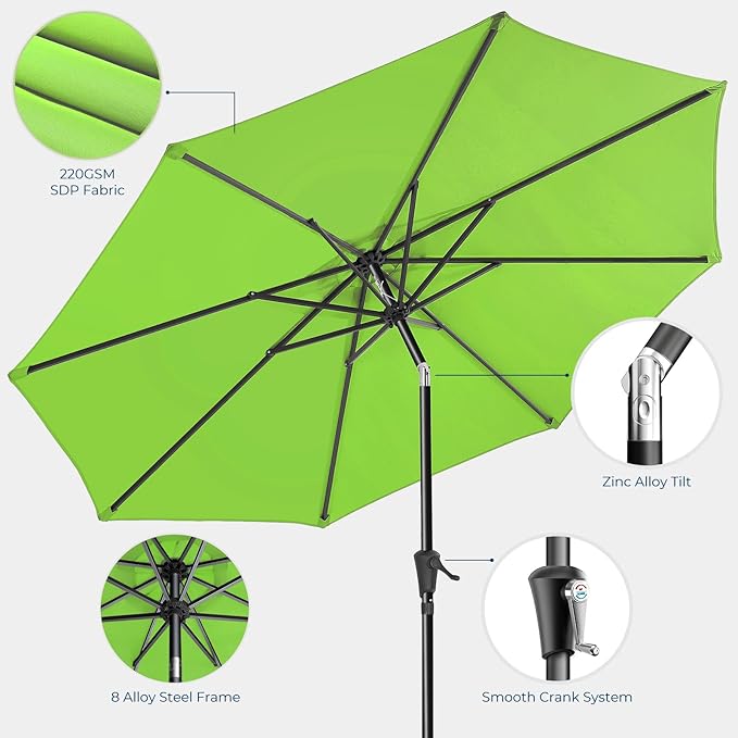 9ft Outdoor Patio Umbrella - Market Table Pool Deck Umbrella UPF50+ UV Protection with Push Button Tilt, Crank and 8 Sturdy Ribs (Apple Green, No base)