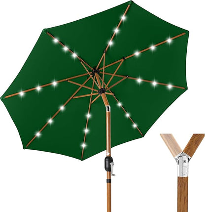 Best Choice Products 10ft Solar Market Patio Umbrella w/Woodgrain Pattern Pole, LED Lights, Tilt & Crank – Outdoor Sun Shade for Backyard Table, Deck, Poolside – Green