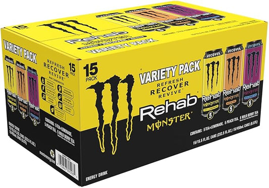 Monster Energy Rehab Tea + Lemonade, Peach Tea, Wild Berry Tea, Variety Pack, Energy Iced Tea,15.5 Ounce (Pack of 15)