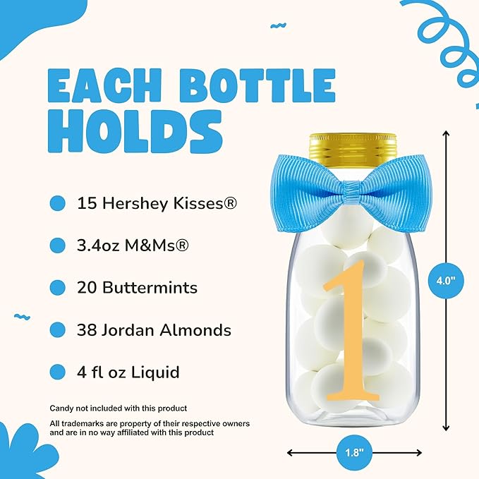 Small 12 Pack 1st Birthday Party Favors for Boys - DIY Candy Jars with Ribbons and Stickers - Baby Boy Party Decoration Bottles for First Birthday Bash - One Year Old Table Centerpieces