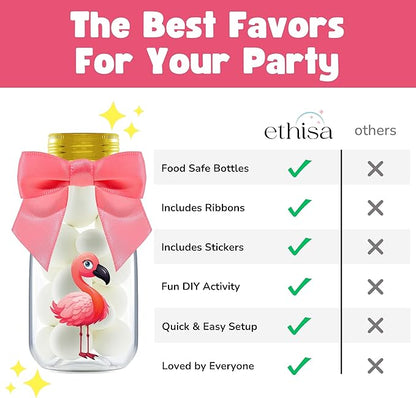 Small 12 Pack Flamingo Party Favors - DIY Candy Jars with Ribbons and Stickers - Party Decoration Bottles for Birthday, Baby Shower and Bachelorette - Pink Table Centerpiece for Kids and Adults