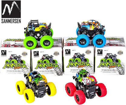 M SANMERSEN Monster Truck Toys for Ages 2-4, Friction Cars for Toddlers 1-3 Push and Go 360° Rotating Stunt Car for 2+ Year Old Boys Girls Gifts (4 Pack - Blue/Green/Red/Yellow)