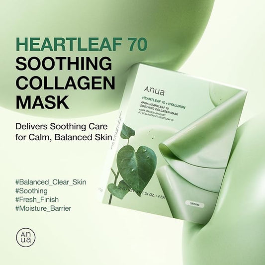 ANUA Heartleaf 70 Soothing Collagen Mask, Overnight Face Mask for Glass Skin, hyaluronic acid, Collagen, Soothing & hydration Facial Mask for Sensitive Skin, Natural Color, Korean Skin Care (38g, 4ea)