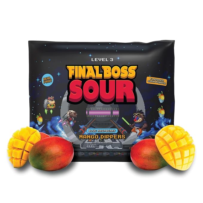 Final Boss Sour Candy, Fun Dip, Extreme Super Sour Blue Raspberry Powder with Real Candy-Tasting Dried Mangoes, (3.5 Ounces Bags, Pack of 4 Bags) - Vintage Old School 80s and 90s Party Candy