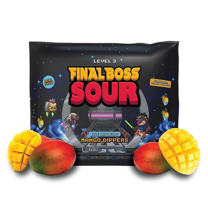 Final Boss Sour Candy, Fun Dip, Extreme Super Sour Blue Raspberry Powder with Real Candy-Tasting Dried Mangoes, (3.5 Ounces Bags, Pack of 4 Bags) - Vintage Old School 80s and 90s Party Candy