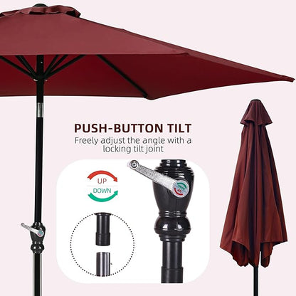 9FT Outdoor Patio Umbrella with Push Button Tilt and Crank, Beach Umbrella for Sun Shades, Market Umbrella with 6 Sturdy Metal Ribs, UV Resistant Waterproof for Garden, Backyard, Deck, Pool